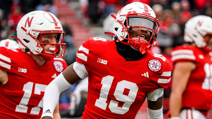 Oct 28, 2023; Lincoln, Nebraska, USA; Nebraska Cornhuskers wide receiver Jaylen Lloyd (19) celebrates after scoring a touchdown against the Purdue Boilermakers during the second quarter at Memorial Stadium.