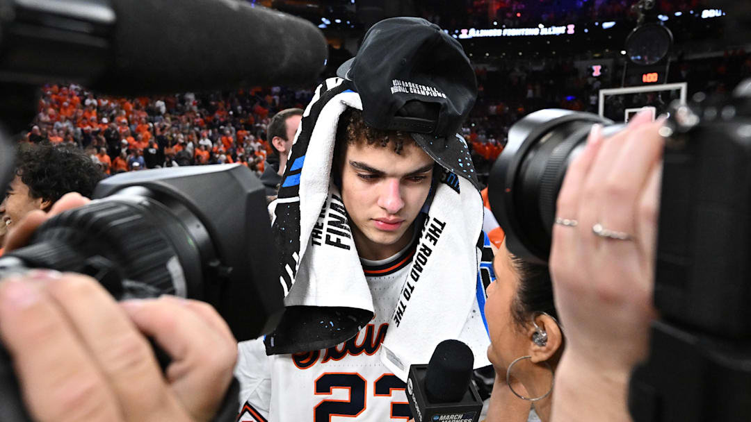 Mar 28, 2026; Houston, TX, USA; Illinois Fighting Illini guard Keaton Wagler (23) speaks to media after defeating the Iowa Hawkeyes in an Elite Eight game of the South Regional of the men's 2026 NCAA Tournament at Toyota Center. Mandatory Credit: Maria Lysaker-Imagn Images Mar 28, 2026; Houston, TX, USA; Illinois Fighting Illini guard Keaton Wagler (23) speaks to media after defeating the Iowa Hawkeyes in an Elite Eight game of the South Regional of the men's 2026 NCAA Tournament at Toyota Center. Mandatory Credit: Maria Lysaker-Imagn Images