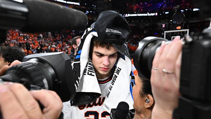 Mar 28, 2026; Houston, TX, USA; Illinois Fighting Illini guard Keaton Wagler (23) speaks to media after defeating the Iowa Hawkeyes in an Elite Eight game of the South Regional of the men's 2026 NCAA Tournament at Toyota Center. Mandatory Credit: Maria Lysaker-Imagn Images