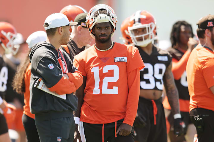 Cleveland Browns quarterback Shedeur Sanders waits his turn for a drill during rookie minicamp.