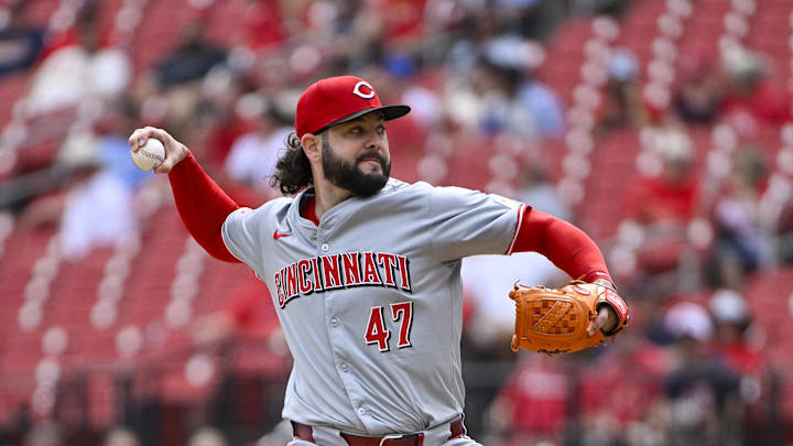 Sep 12, 2024; St. Louis, Missouri, USA;  Cincinnati Reds starting pitcher Jakob Junis (47) pitches against the St. Louis Cardinals during the first inning at Busch Stadium. Mandatory Credit: Jeff Curry-Imagn Images