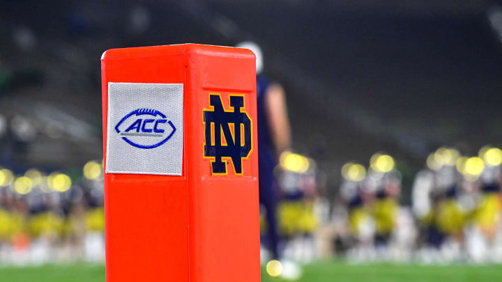 Nov 7, 2020; South Bend, Indiana, USA; An end zone pylon has the Notre Dame and ACC logos in at Notre Dame Stadium before the game between the Notre Dame Fighting Irish and the Clemson Tigers. Notre Dame is playing in the ACC in the 2020 season. Notre Dame defeated Clemson 47-40 in two overtimes.