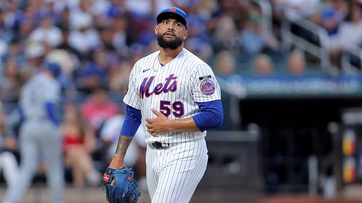 Jul 24, 2026; New York City, New York, USA; New York Mets starting pitcher Sean Manaea (59) reacts during the third inning against the Los Angeles Dodgers at Citi Field. Mandatory Credit: Brad Penner-Imagn Images
