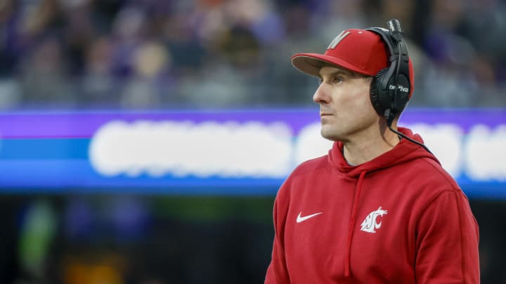 Nov 25, 2023; Seattle, Washington, USA; Washington State Cougars head coach Jake Dickert stands on the sideline during the fourth quarter against the Washington Huskies at Alaska Airlines Field at Husky Stadium. Mandatory Credit: Joe Nicholson-USA TODAY Sports