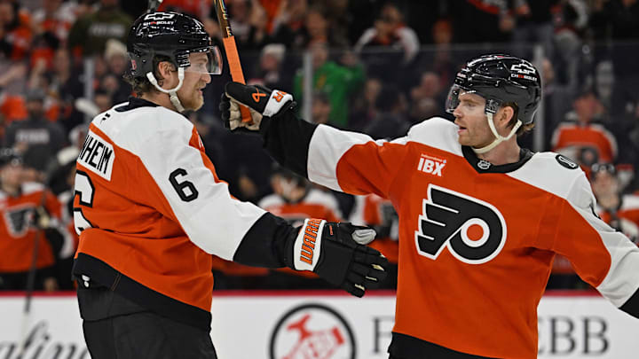 Jan 6, 2026; Philadelphia, Pennsylvania, USA; Philadelphia Flyers defenseman Travis Sanheim (6) celebrates his goal with defenseman Cam York (8) against the Anaheim Ducks during the second period at Xfinity Mobile Arena. Mandatory Credit: Eric Hartline-Imagn Images