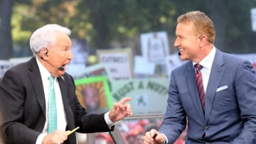 Hosts Lee Corso, at left, and Kirk Herbstreit talk during the ESPN College GameDay show on Saturday, Sept. 23, 2023, on the Hesburgh Library lawn on the University of Notre Dame campus in South Bend. The show was to highlight the Notre Dame-Ohio State game.