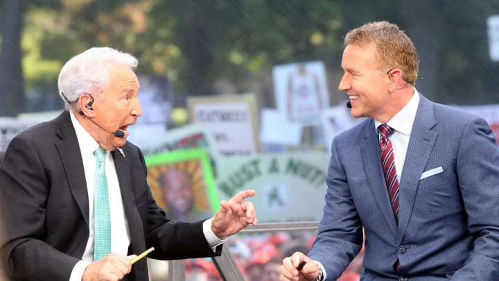 Hosts Lee Corso, at left, and Kirk Herbstreit talk during the ESPN College GameDay show on Saturday, Sept. 23, 2023, on the Hesburgh Library lawn on the University of Notre Dame campus in South Bend. The show was to highlight the Notre Dame-Ohio State game.