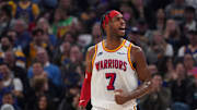 Dec 8, 2024; San Francisco, California, USA;  Golden State Warriors guard Buddy Hield (7) celebrates after making a three pointer against the Minnesota Timberwolves in the second period at Chase Center. Mandatory Credit: David Gonzales-Imagn Images