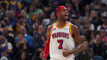 Dec 8, 2024; San Francisco, California, USA;  Golden State Warriors guard Buddy Hield (7) celebrates after making a three pointer against the Minnesota Timberwolves in the second period at Chase Center. Mandatory Credit: David Gonzales-Imagn Images
