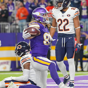 Vikings tight end T.J. Hockenson celebrates a touchdown catch against the Bears.