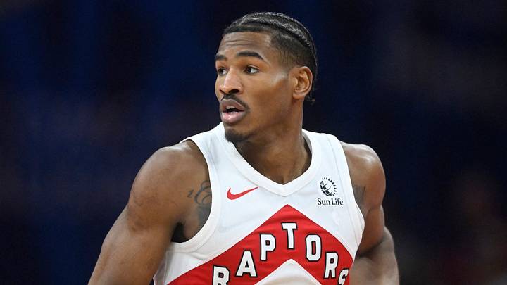 Oct 31, 2025; Cleveland, Ohio, USA; Toronto Raptors guard Ochai Agbaji (30) runs on the court in the third quarter against the Cleveland Cavaliers at Rocket Arena. Mandatory Credit: David Richard-Imagn Images