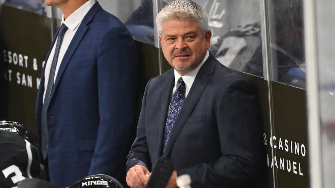 Sep 28, 2022; Ontario, California, USA;  Los Angeles Kings Todd McLellan looks on from the bench during a preseason game against the San Jose Sharks at Toyota Arena. Mandatory Credit: Jayne Kamin-Oncea-Imagn Images