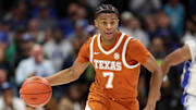 Texas Longhorns guard Simeon Wilcher brings the ball down court against the Duke Blue Devils during the second half of the Dick Vitale’s Invitational game at Spectrum Center.