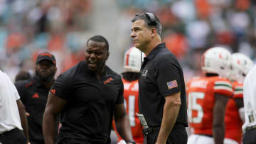 Nov 18, 2023; Miami Gardens, Florida, USA; Miami Hurricanes head coach Mario Cristobal looks on from the field against the Louisville Cardinals during the third quarter at Hard Rock Stadium. Mandatory Credit: Sam Navarro-USA TODAY Sports