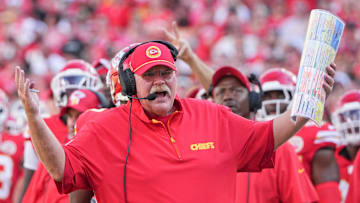 Sep 15, 2024; Kansas City, Missouri, USA; Kansas City Chiefs head coach Andy Reid reacts to a no-call against the Kansas City Chiefs during the first half at GEHA Field at Arrowhead Stadium. Mandatory Credit: Denny Medley-Imagn Images