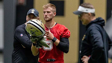 May 10, 2025; New Orleans, LA, USA;  New Orleans Saints quarterback Tyler Shough (6) during rookie minicamp at Ochsner Sports Performance Center. Mandatory Credit: Stephen Lew-Imagn Images