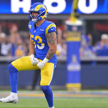Nov 2, 2025; Inglewood, California, USA; Los Angeles Rams linebacker Nate Landman (53) reacts after a fumble recover against the New Orleans Saints during the second half at SoFi Stadium. Mandatory Credit: Jayne Kamin-Oncea-Imagn Images