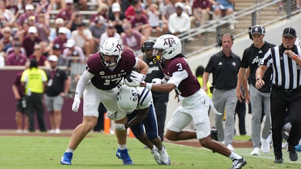 Sep 6, 2025; College Station, Texas, USA; Texas A&M Aggies tight end Theo Melin Öhrström (17) breaks a tackle.