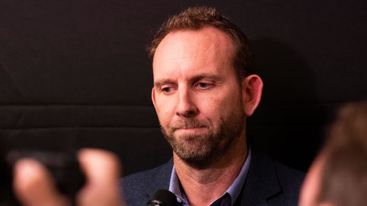 Feb 20, 2020; Philadelphia, Pennsylvania, USA; Brooklyn Nets general manager Sean Marks speaks with the media about the injury status of Kyrie Irving (not pictured) before a game against the Philadelphia 76ers at Wells Fargo Center. Mandatory Credit: Bill Streicher-USA TODAY Sports