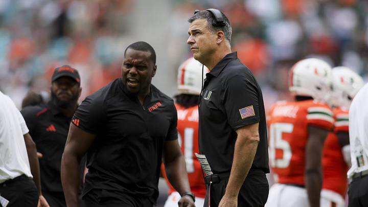 Nov 18, 2023; Miami Gardens, Florida, USA; Miami Hurricanes head coach Mario Cristobal looks on from the field against the Louisville Cardinals during the third quarter at Hard Rock Stadium. Mandatory Credit: Sam Navarro-Imagn Images
