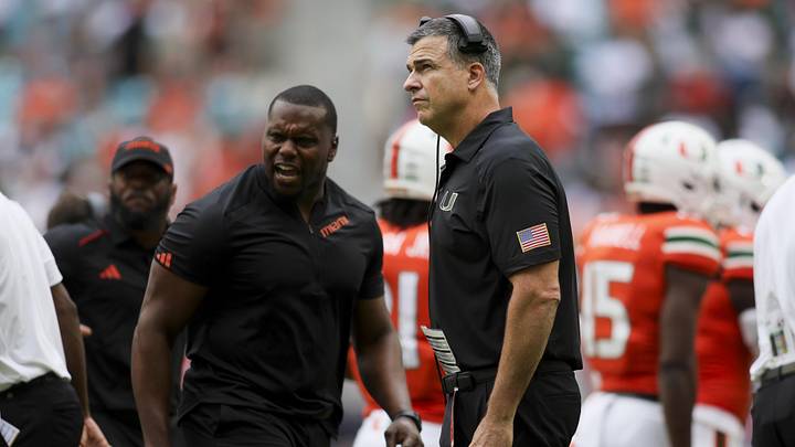 Nov 18, 2023; Miami Gardens, Florida, USA; Miami Hurricanes head coach Mario Cristobal looks on from