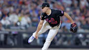 Aug 1, 2025; New York City, New York, USA; New York Mets relief pitcher Ryan Helsley (56) follows through on a pitch against the San Francisco Giants during the ninth inning at Citi Field. Mandatory Credit: Brad Penner-Imagn Images