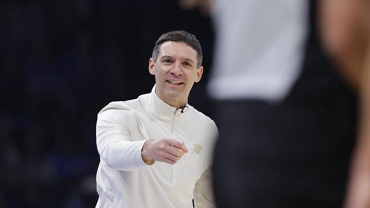 Feb 22, 2026; Oklahoma City, Oklahoma, USA; Oklahoma City Thunder Head Coach Mark Daigneault gestures to an official before a play against the Cleveland Cavaliers during the first quarter at Paycom Center. Mandatory Credit: Alonzo Adams-Imagn Images