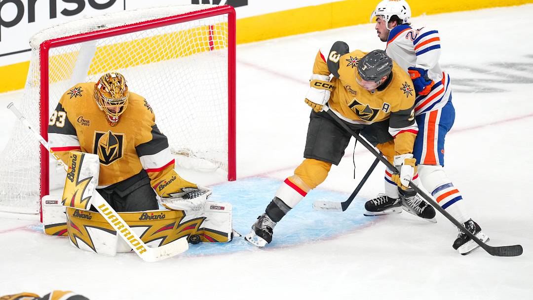 Mar 26, 2026; Las Vegas, Nevada, USA; Vegas Golden Knights defenseman Brayden McNabb (3) checks Edmonton Oilers center Matt Savoie (22) as goaltender Adin Hill (33) makes a save during the third period at T-Mobile Arena. Mandatory Credit: Stephen R. Sylvanie-Imagn Images Mar 26, 2026; Las Vegas, Nevada, USA; Vegas Golden Knights defenseman Brayden McNabb (3) checks Edmonton Oilers center Matt Savoie (22) as goaltender Adin Hill (33) makes a save during the third period at T-Mobile Arena. Mandatory Credit: Stephen R. Sylvanie-Imagn Images