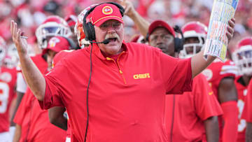 Kansas City Chiefs head coach Andy Reid reacts to a no-call against the Kansas City Chiefs during the first half at GEHA Field at Arrowhead Stadium.