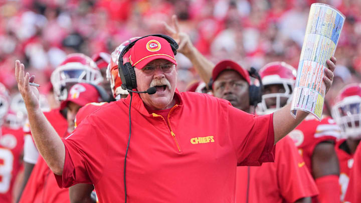 Sep 15, 2024; Kansas City, Missouri, USA; Kansas City Chiefs head coach Andy Reid reacts to a no-call against the Kansas City Chiefs during the first half at GEHA Field at Arrowhead Stadium. Mandatory Credit: Denny Medley-Imagn Images