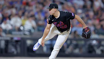Aug 1, 2025; New York City, New York, USA; New York Mets relief pitcher Ryan Helsley (56) follows through on a pitch against the San Francisco Giants during the ninth inning at Citi Field. Mandatory Credit: Brad Penner-Imagn Images