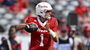 Oct 18, 2025; Houston, Texas, USA; Houston Cougars quarterback Conner Weigman (1) looks to pass the ball during the first half against the Arizona Wildcats at TDECU Stadium. 