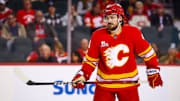 Oct 22, 2025; Calgary, Alberta, CAN; Calgary Flames defenseman Rasmus Andersson (4) against the Montreal Canadiens during the second period at Scotiabank Saddledome. Mandatory Credit: Sergei Belski-Imagn Images
