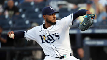Tampa Bay's Taj Bradley (45) pitched seven strong innings in Tuesday against Kansas City, allowing just two runs.