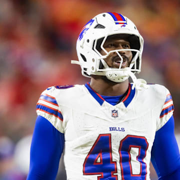 Buffalo Bills linebacker Von Miller stands on the field.