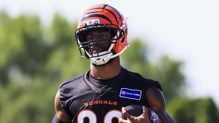 Jul 23, 2025; Cincinnati, OH, USA; Cincinnati Bengals cornerback Dax Hill (23) runs with the ball during training camp at Kettering Health Practice Field. Mandatory Credit: Katie Stratman-Imagn Images