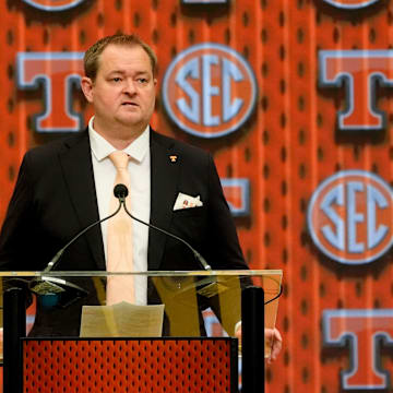 July 15, 2025; Atlanta, GA, USA; Tennessee head coach Josh Heupel speaks in the Main Media Room during SEC Media Days at the College Football Hall of Fame in Atlanta.