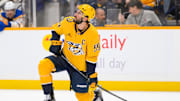 Feb 8, 2025; Nashville, Tennessee, USA;  Nashville Predators defenseman Roman Josi (59) awaits a face off against the Buffalo Sabres during the first period at Bridgestone Arena. Mandatory Credit: Steve Roberts-Imagn Images