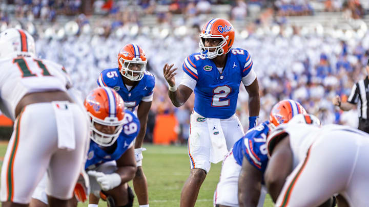 Aug 31, 2024; Gainesville, Florida, USA; Florida Gators quarterback DJ Lagway (2) gestures against the Miami Hurricanes during the second half at Ben Hill Griffin Stadium. Mandatory Credit: Matt Pendleton-Imagn Images