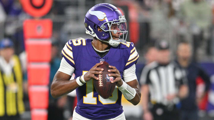 Nov 27, 2023; Minneapolis, Minnesota, USA; Minnesota Vikings quarterback Joshua Dobbs (15) prepares to throw a pass against the Chicago Bears during the first quarter at U.S. Bank Stadium. Mandatory Credit: Jeffrey Becker-USA TODAY Sports