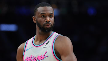 Mar 8, 2025; Miami, Florida, USA; Miami Heat forward Andrew Wiggins (22) looks on against the Chicago Bulls during the fourth quarter at Kaseya Center. Mandatory Credit: Sam Navarro-Imagn Images