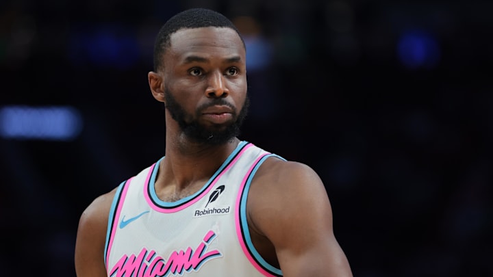 Mar 8, 2025; Miami, Florida, USA; Miami Heat forward Andrew Wiggins (22) looks on against the Chicago Bulls during the fourth quarter at Kaseya Center. Mandatory Credit: Sam Navarro-Imagn Images