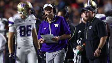 Sep 27, 2024; Piscataway, New Jersey, USA; Washington Huskies head coach Jedd Fisch looks on during the first half against the Rutgers Scarlet Knights at SHI Stadium. Mandatory Credit: Vincent Carchietta-Imagn Images