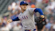 Jun 10, 2025; Minneapolis, Minnesota, USA; Texas Rangers starting pitcher Tyler Mahle (51) delivers a pitch against the Minnesota Twins in the first inning at Target Field. Mandatory Credit: Jesse Johnson-Imagn Images