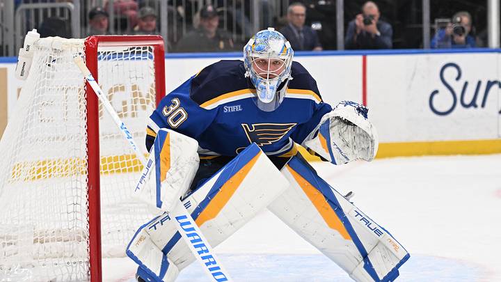 Mar 26, 2026; St. Louis, Missouri, USA; St. Louis Blues goaltender Joel Hofer (30) defends the net against the San Jose Sharks in the first period at Enterprise Center. Mandatory Credit: Joe Puetz-Imagn Images