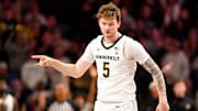 Jan 25, 2025; Nashville, Tennessee, USA;  Vanderbilt Commodores guard Tyler Nickel (5) reacts after a made 3pt. basket  against the Kentucky Wildcats during the second half at Memorial Gymnasium. Mandatory Credit: Steve Roberts-Imagn Images