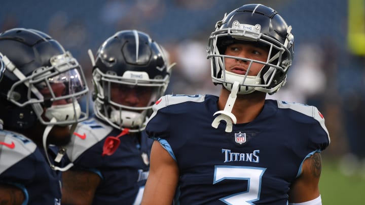 Aug 28, 2021; Nashville, TN, USA; Tennessee Titans corner back Caleb Farley (3) before the game against the Chicago Bears at Nissan Stadium. Mandatory Credit: Christopher Hanewinckel-USA TODAY Sports