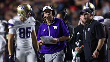 Sep 27, 2024; Piscataway, New Jersey, USA; Washington Huskies head coach Jedd Fisch looks on during the first half against the Rutgers Scarlet Knights at SHI Stadium. Mandatory Credit: Vincent Carchietta-Imagn Images