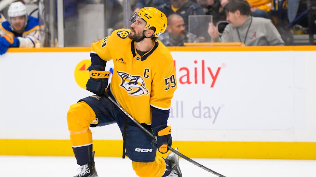 Feb 8, 2025; Nashville, Tennessee, USA;  Nashville Predators defenseman Roman Josi (59) awaits a face off against the Buffalo Sabres during the first period at Bridgestone Arena. Mandatory Credit: Steve Roberts-Imagn Images