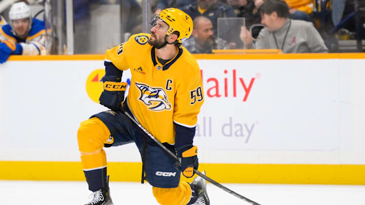 Feb 8, 2025; Nashville, Tennessee, USA;  Nashville Predators defenseman Roman Josi (59) awaits a face off against the Buffalo Sabres during the first period at Bridgestone Arena. Mandatory Credit: Steve Roberts-Imagn Images